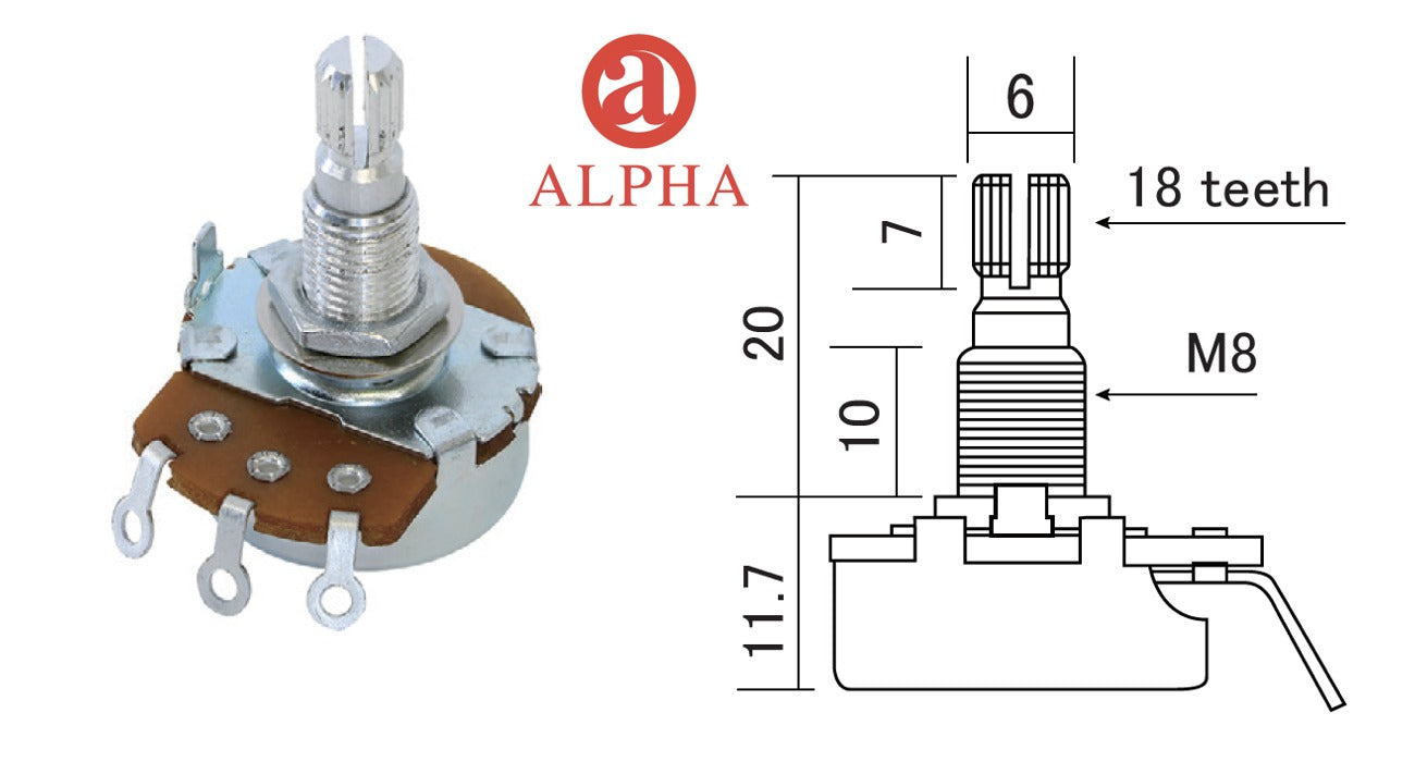 Alpha Series Potentiometer, 250K Audio or Linear Taper, 24mm dia, 18-spline (metric)