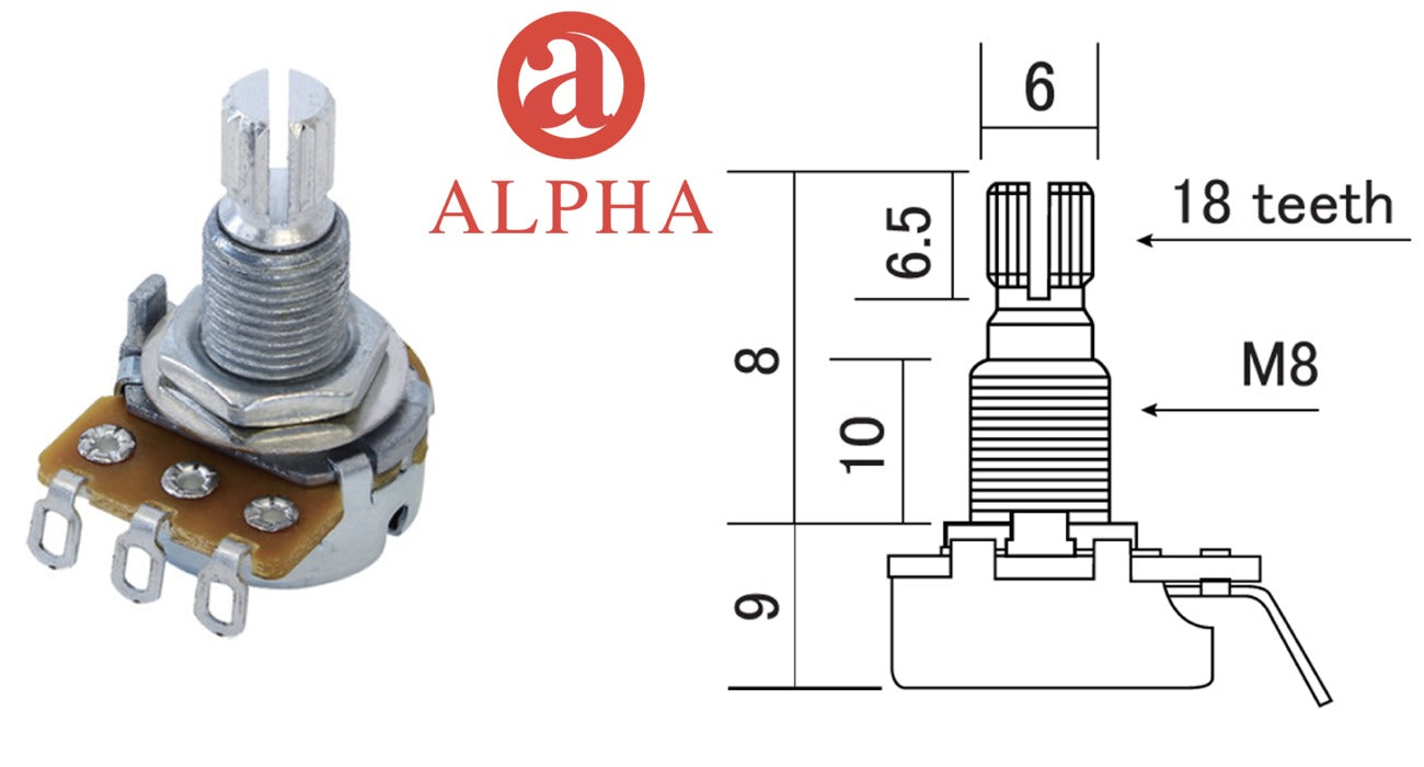 Alpha Series Potentiometer, 250K Audio or Linear Taper, Mini 16mm dia.