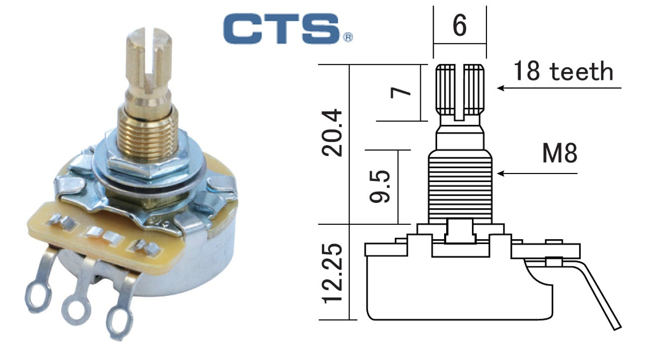 CTS Potentiometer (Metric), 500K Audio or Linear Taper, Short Shaft 18-spline