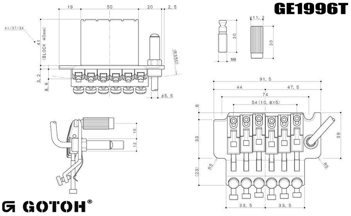 Gotoh GE1996T Licensed Floyd Rose Locking Tremolo Bridge with 40mm block, Black